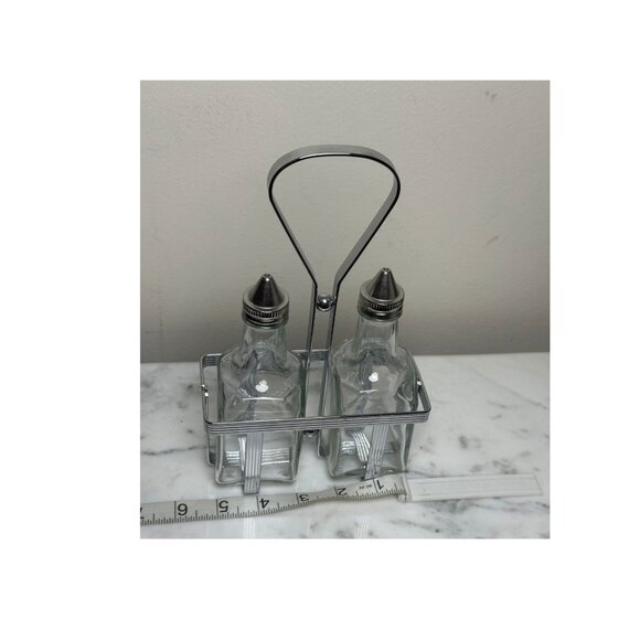 Vintage Oil & Vinegar Cruet Set with Metal Rack Glass Bottles Mid-Century Modern - Picture 7 of 7
